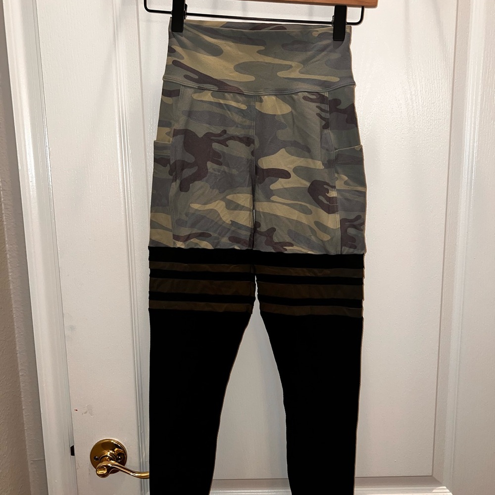 Camo Print High-Rise Leggings with Sheer Stripes